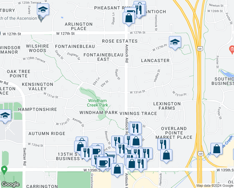 map of restaurants, bars, coffee shops, grocery stores, and more near 13126 Slater Street in Overland Park