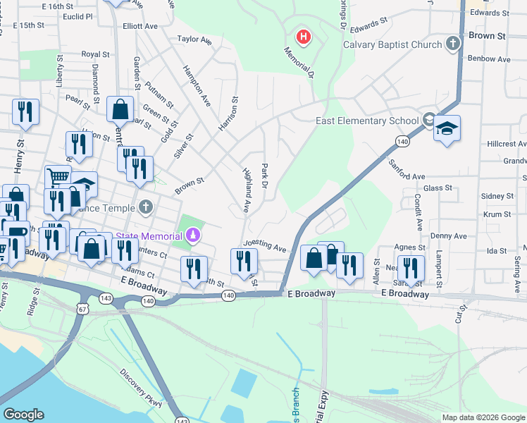 map of restaurants, bars, coffee shops, grocery stores, and more near 724 Park Drive in Alton