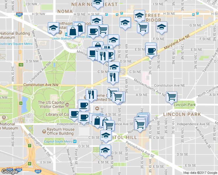 map of restaurants, bars, coffee shops, grocery stores, and more near 323 Constitution Avenue Northeast in Washington