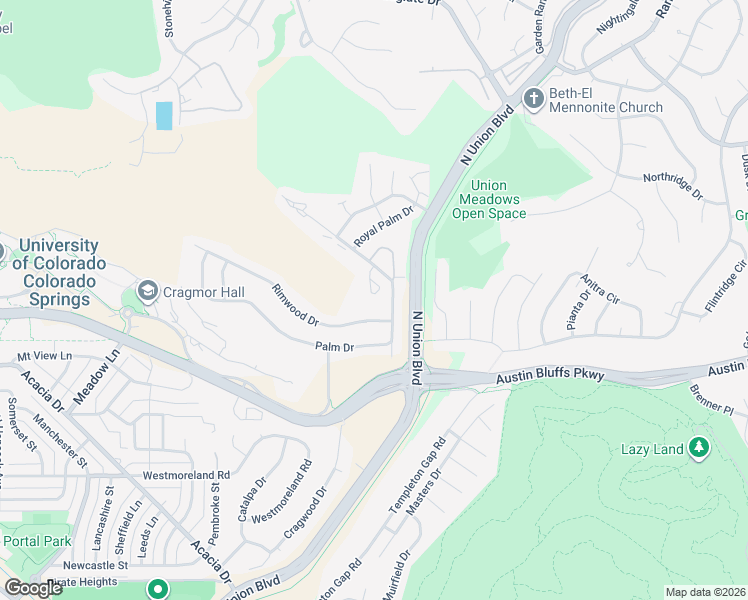 map of restaurants, bars, coffee shops, grocery stores, and more near 2048 Palm Drive in Colorado Springs
