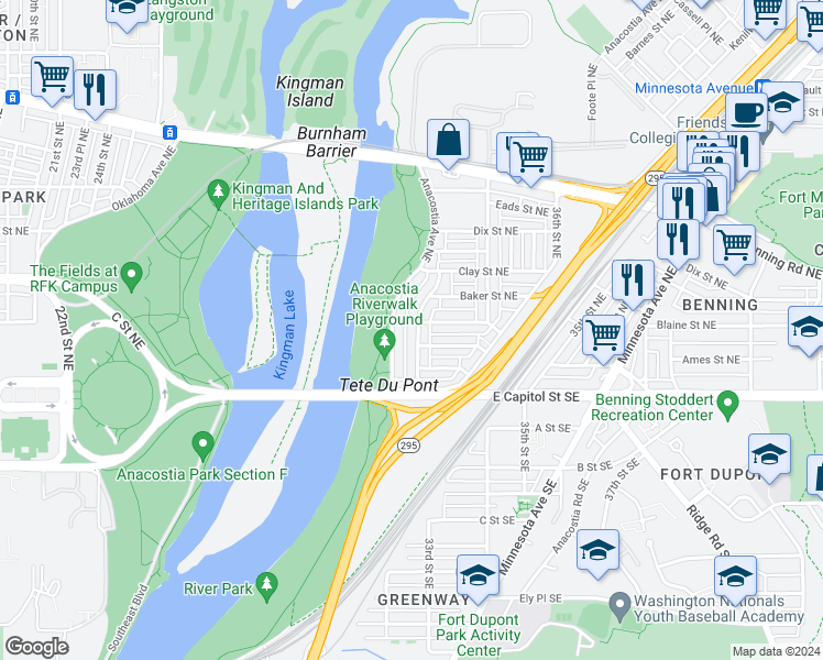 map of restaurants, bars, coffee shops, grocery stores, and more near 148 33rd Street Northeast in Washington
