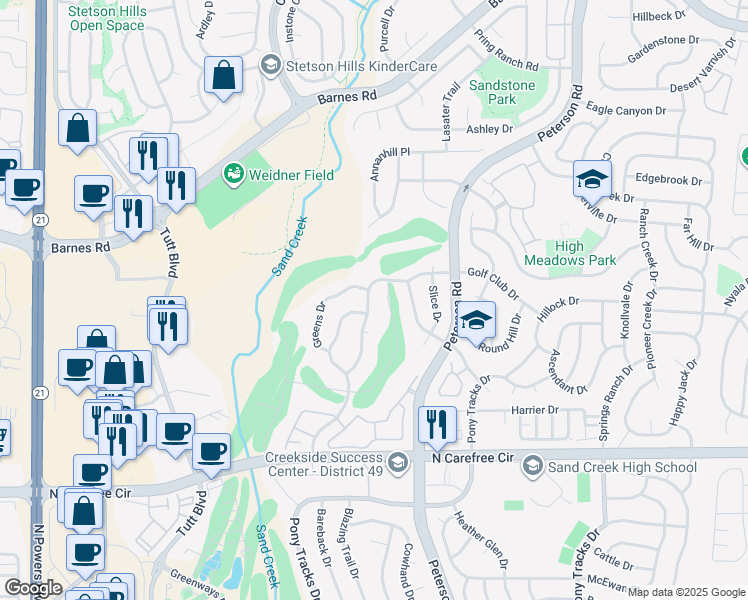 map of restaurants, bars, coffee shops, grocery stores, and more near 4155 Golf Club Drive in Colorado Springs