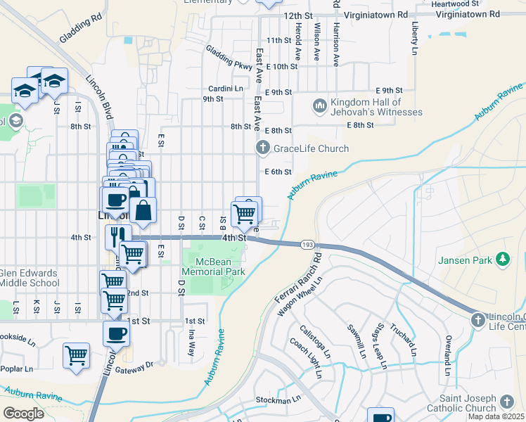 map of restaurants, bars, coffee shops, grocery stores, and more near 493 East Avenue in Lincoln