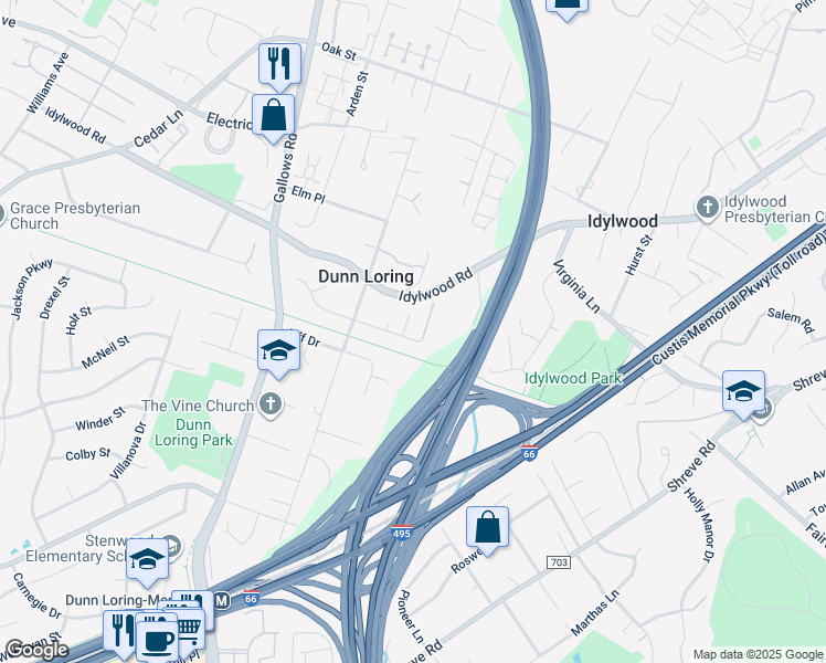 map of restaurants, bars, coffee shops, grocery stores, and more near 2407 Lellah Court in Dunn Loring