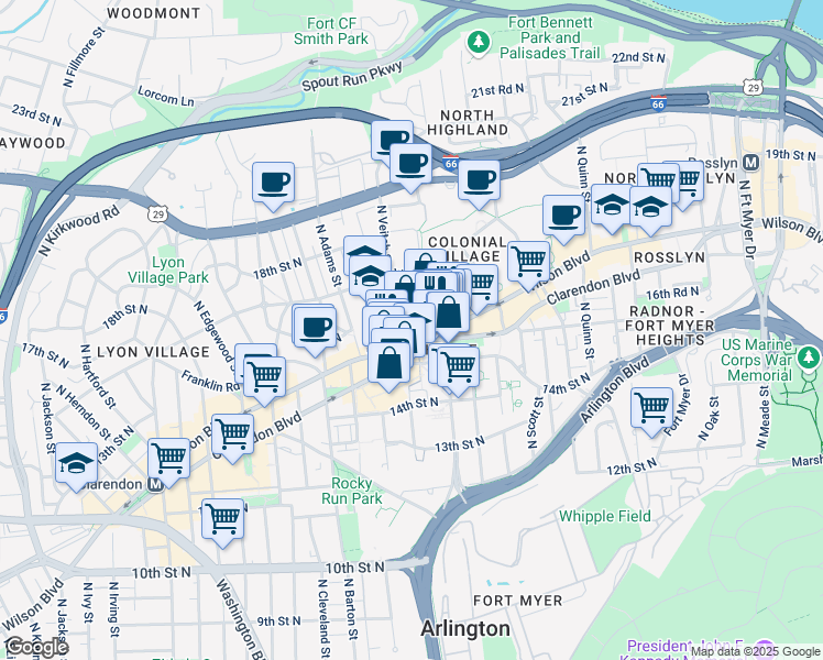 map of restaurants, bars, coffee shops, grocery stores, and more near 2111 Wilson Boulevard in Arlington