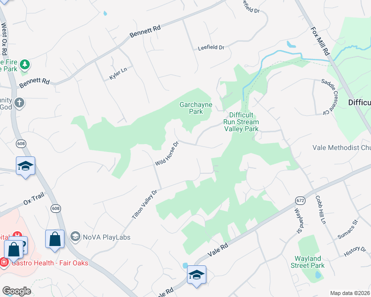 map of restaurants, bars, coffee shops, grocery stores, and more near 3260 Pony Ridge Way in Oakton