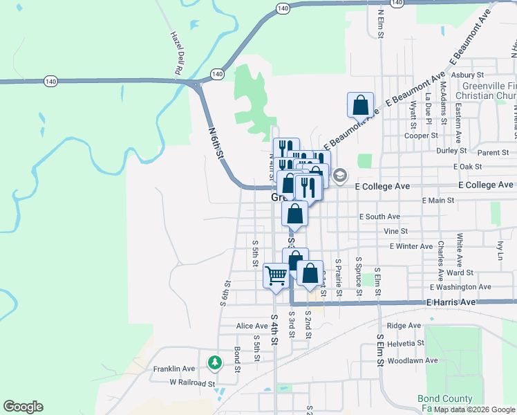 map of restaurants, bars, coffee shops, grocery stores, and more near 414 West Main Street in Greenville