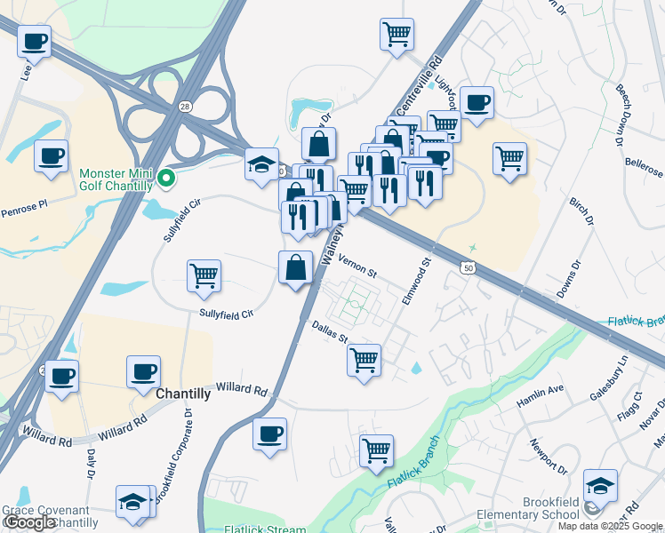 map of restaurants, bars, coffee shops, grocery stores, and more near 4105 Walney Road in Chantilly