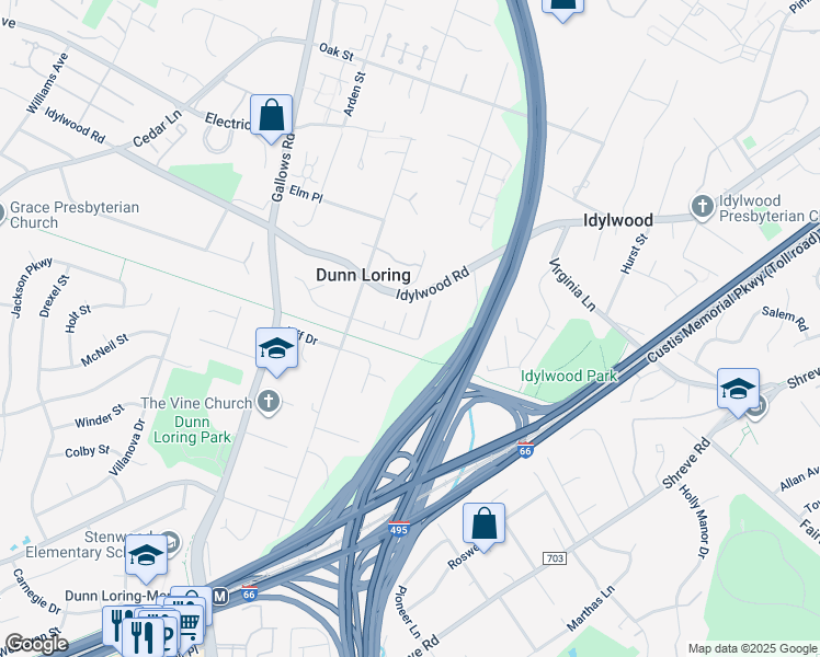map of restaurants, bars, coffee shops, grocery stores, and more near 2407 Lellah Court in Dunn Loring