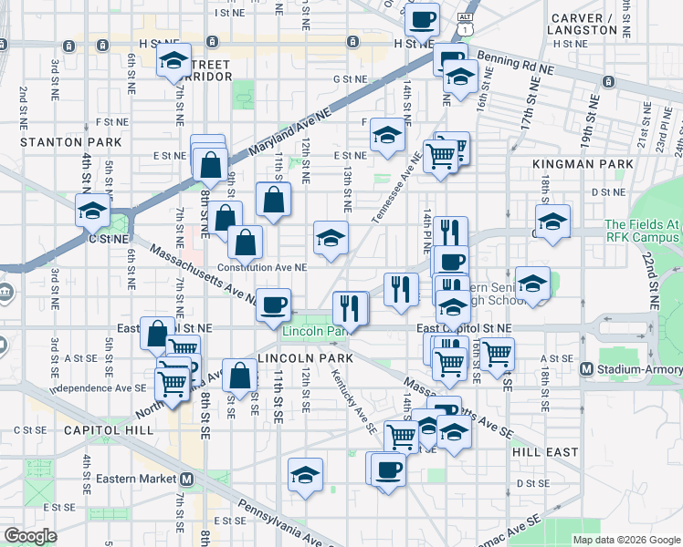 map of restaurants, bars, coffee shops, grocery stores, and more near 185 Tennessee Avenue Northeast in Washington