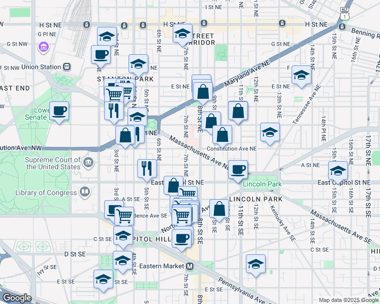 map of restaurants, bars, coffee shops, grocery stores, and more near 101 Independence Avenue Southeast in Washington