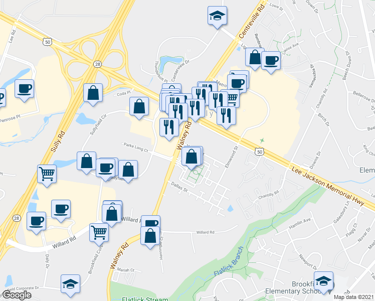 map of restaurants, bars, coffee shops, grocery stores, and more near 14005 Vernon Street in Chantilly