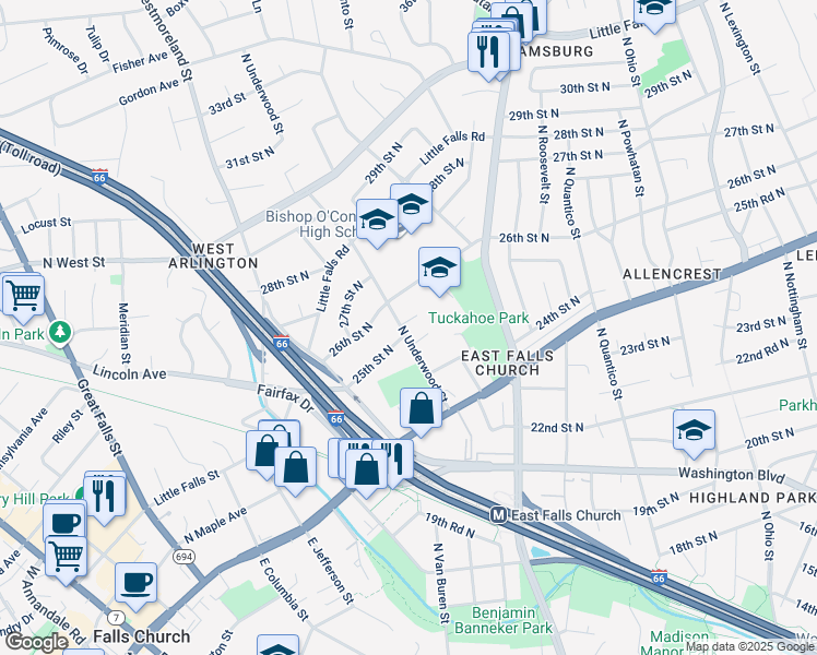 map of restaurants, bars, coffee shops, grocery stores, and more near 6616 25th Street North in Arlington