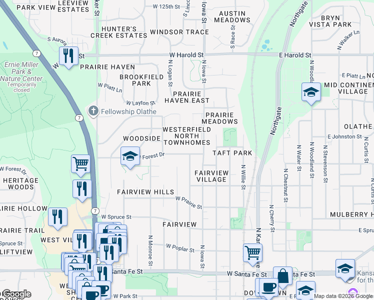 map of restaurants, bars, coffee shops, grocery stores, and more near 702 West Forest Drive in Olathe