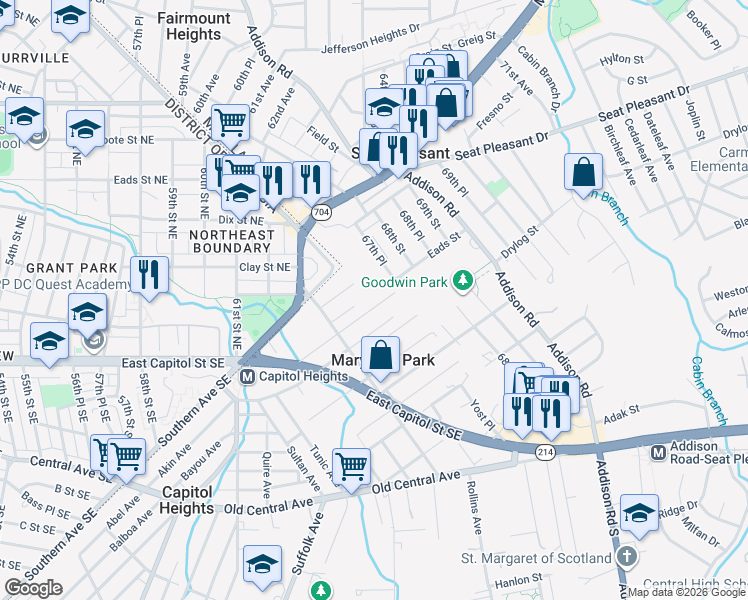 map of restaurants, bars, coffee shops, grocery stores, and more near 5722 Eagle Street in Capitol Heights