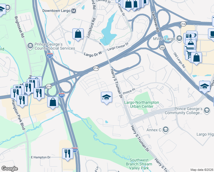 map of restaurants, bars, coffee shops, grocery stores, and more near 2 Capital Court in Largo