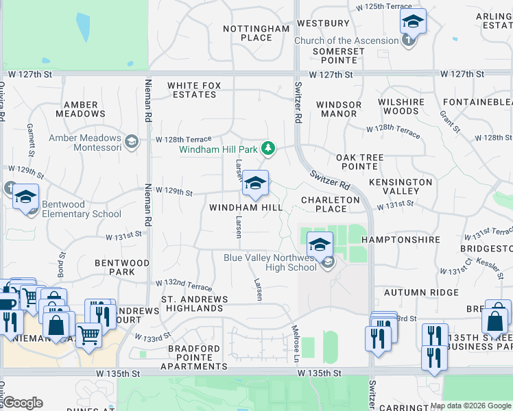 map of restaurants, bars, coffee shops, grocery stores, and more near 10521 West 129th Street in Overland Park