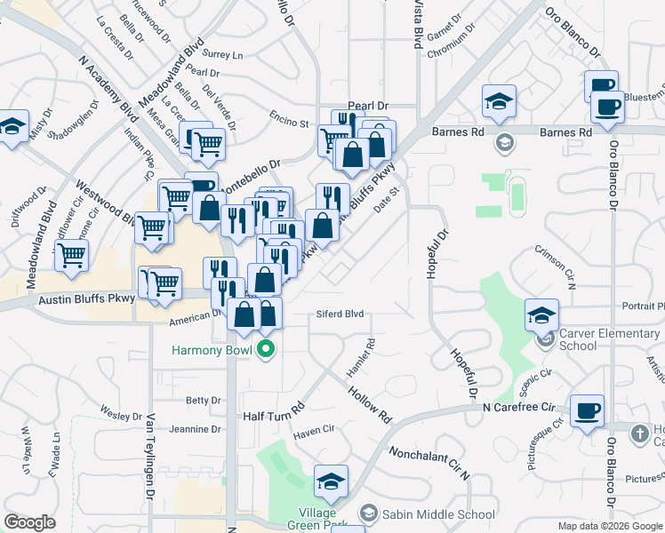 map of restaurants, bars, coffee shops, grocery stores, and more near 4122 Park Village Grove in Colorado Springs