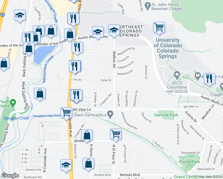 map of restaurants, bars, coffee shops, grocery stores, and more near 4004 Mallow Road in Colorado Springs