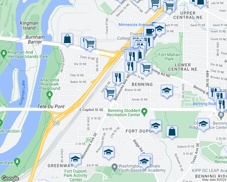 map of restaurants, bars, coffee shops, grocery stores, and more near 101 Independence Avenue Southeast in Washington