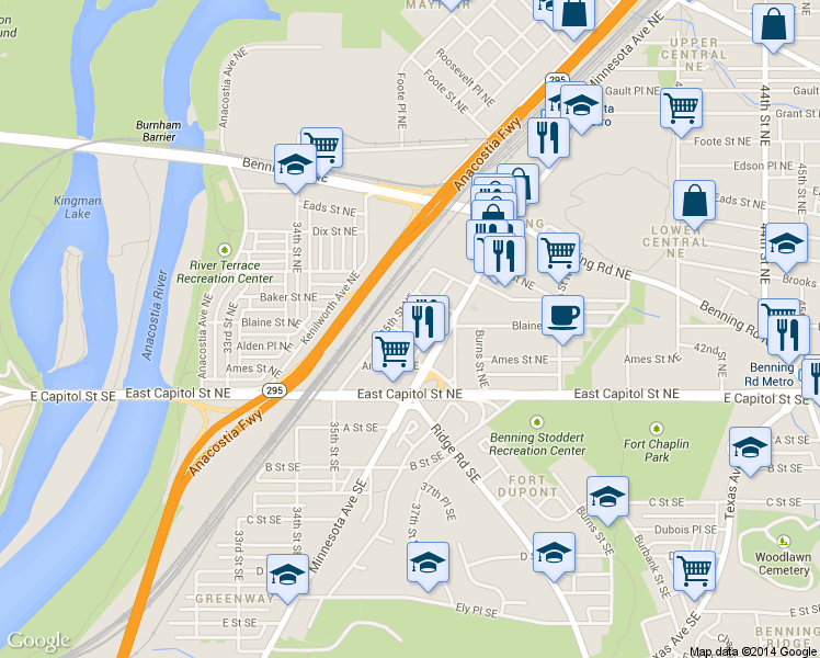 map of restaurants, bars, coffee shops, grocery stores, and more near 101 Independence Avenue Southeast in Washington