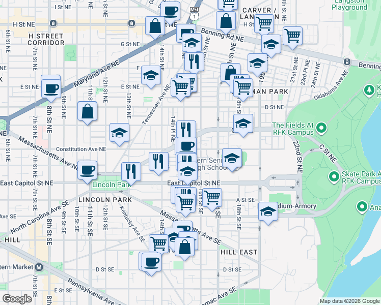 map of restaurants, bars, coffee shops, grocery stores, and more near 101 Independence Avenue Southeast in Washington