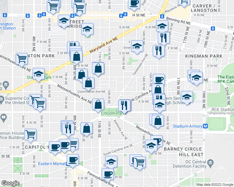 map of restaurants, bars, coffee shops, grocery stores, and more near 101 Independence Avenue Southeast in Washington