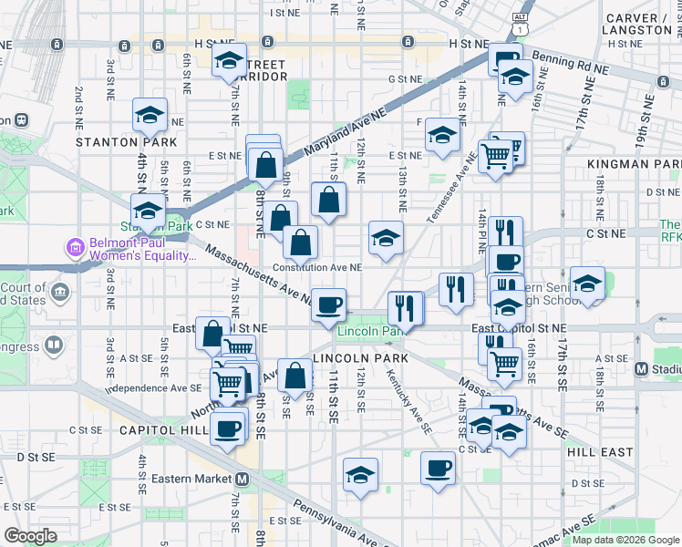 map of restaurants, bars, coffee shops, grocery stores, and more near 101 Independence Avenue Southeast in Washington
