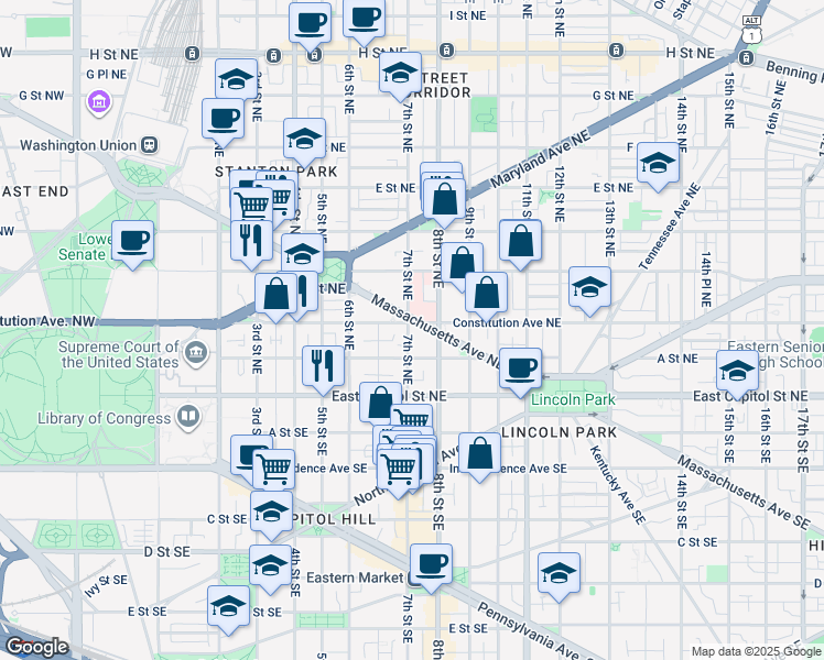map of restaurants, bars, coffee shops, grocery stores, and more near 101 Independence Avenue Southeast in Washington