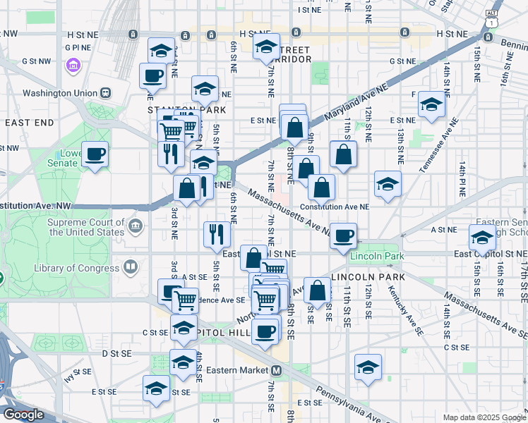 map of restaurants, bars, coffee shops, grocery stores, and more near 101 Independence Avenue Southeast in Washington