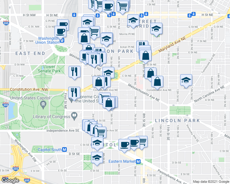 map of restaurants, bars, coffee shops, grocery stores, and more near 101 Independence Avenue Southeast in Washington