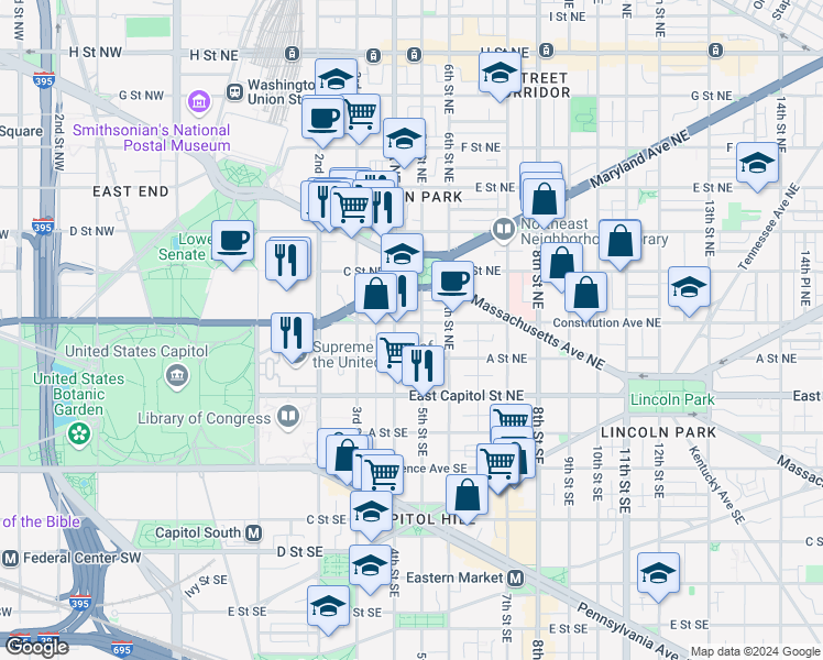 map of restaurants, bars, coffee shops, grocery stores, and more near 101 Independence Avenue Southeast in Washington