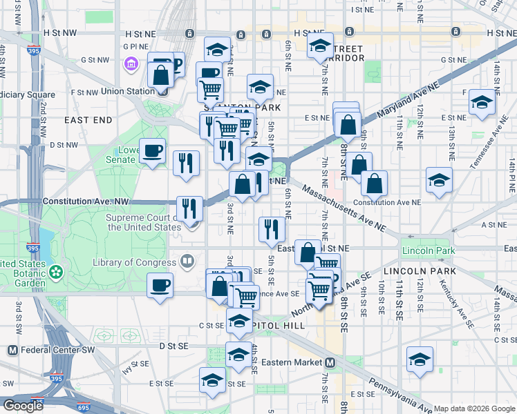 map of restaurants, bars, coffee shops, grocery stores, and more near 101 Independence Avenue Southeast in Washington