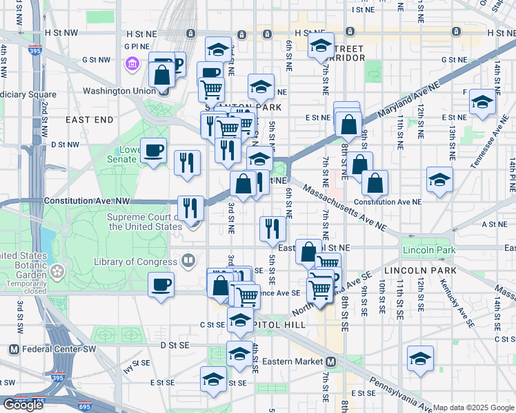 map of restaurants, bars, coffee shops, grocery stores, and more near 101 Independence Avenue Southeast in Washington