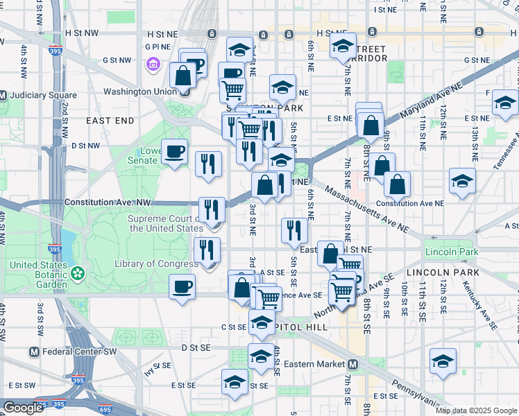 map of restaurants, bars, coffee shops, grocery stores, and more near 305 Constitution Avenue Northeast in Washington