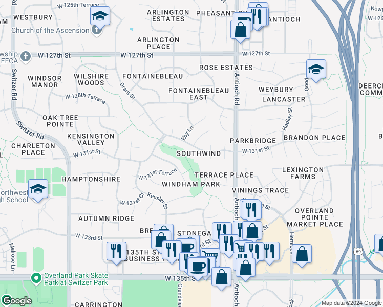 map of restaurants, bars, coffee shops, grocery stores, and more near 9005 West 131st Street in Overland Park