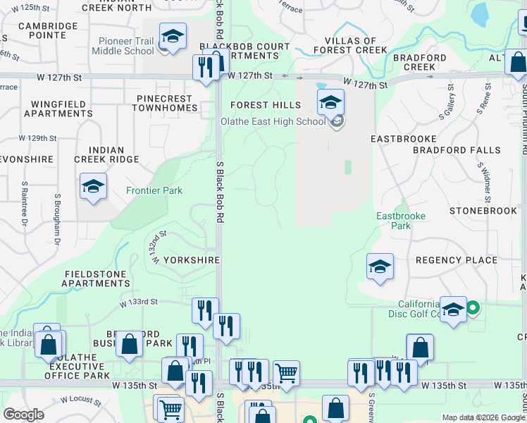 map of restaurants, bars, coffee shops, grocery stores, and more near 13145 S Blackbob Rd in Olathe