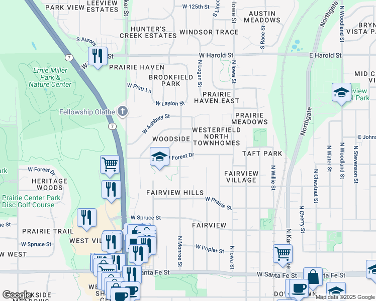 map of restaurants, bars, coffee shops, grocery stores, and more near 702 North Clinton Street in Olathe