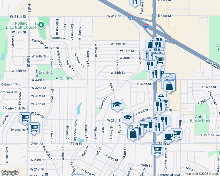 map of restaurants, bars, coffee shops, grocery stores, and more near 3200 Ash Street in Hays