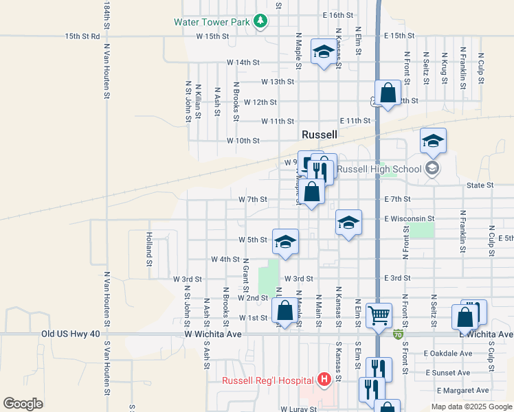 map of restaurants, bars, coffee shops, grocery stores, and more near 300-498 West 7th Street in Russell