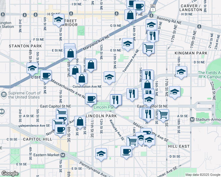 map of restaurants, bars, coffee shops, grocery stores, and more near 162 Tennessee Avenue Northeast in Washington