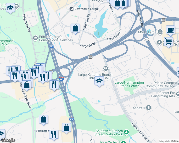 map of restaurants, bars, coffee shops, grocery stores, and more near 128 Capital Court in Largo