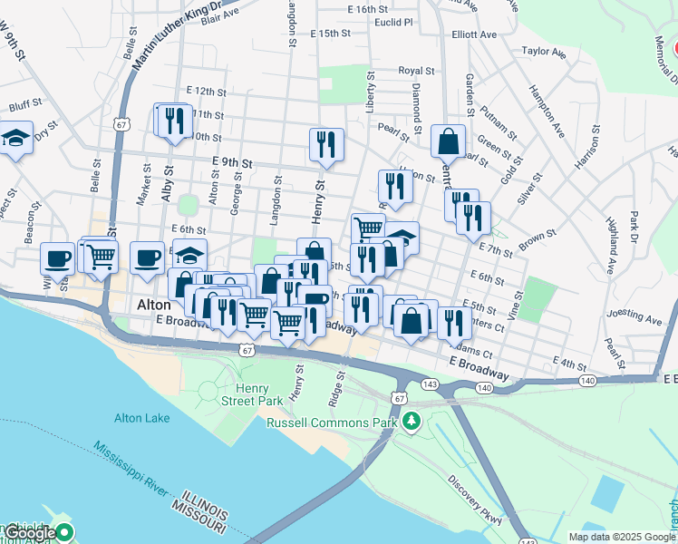 map of restaurants, bars, coffee shops, grocery stores, and more near 627 East 5th Street in Alton