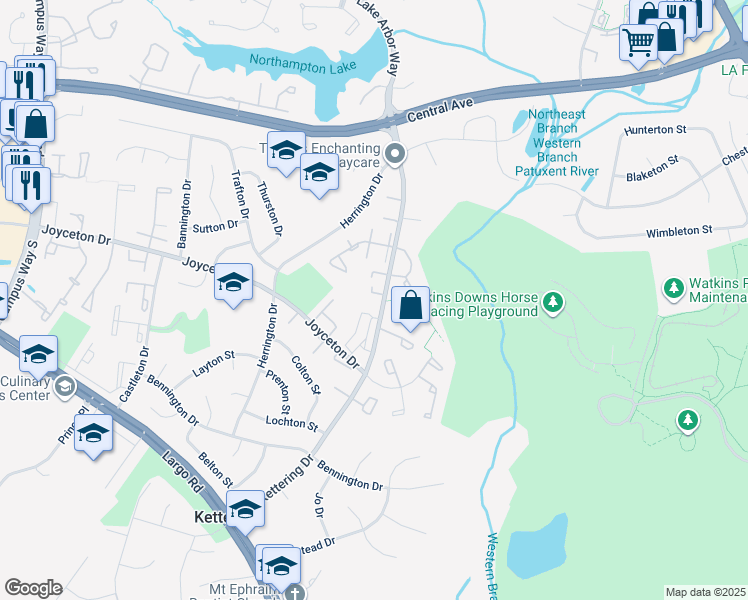 map of restaurants, bars, coffee shops, grocery stores, and more near 11315 Kettering Circle in Upper Marlboro