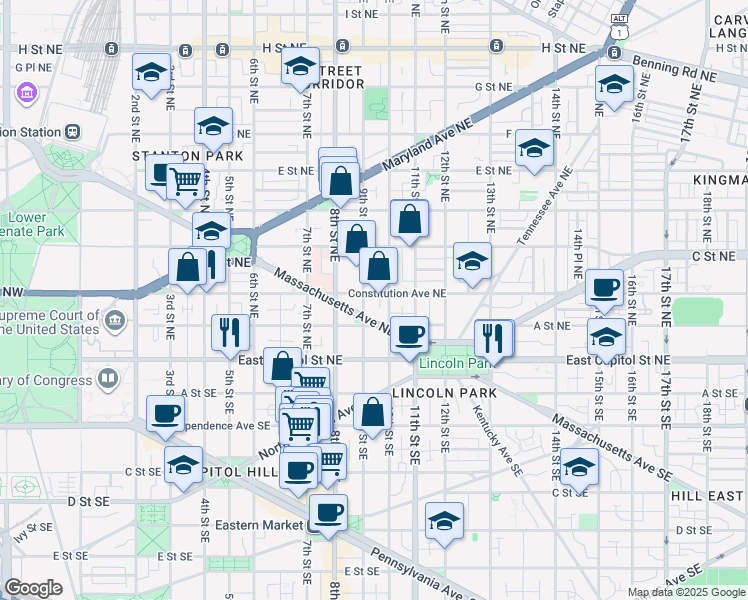 map of restaurants, bars, coffee shops, grocery stores, and more near 907 Constitution Avenue Northeast in Washington