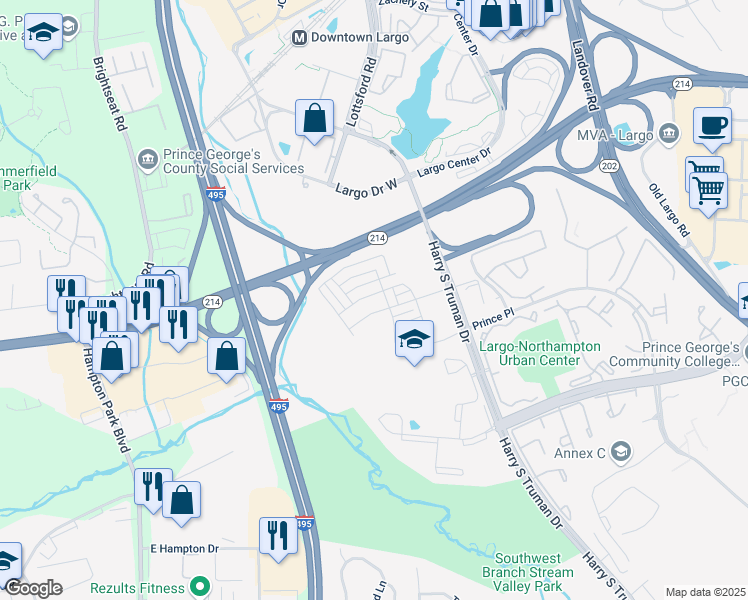 map of restaurants, bars, coffee shops, grocery stores, and more near 128 Capital Court in Largo
