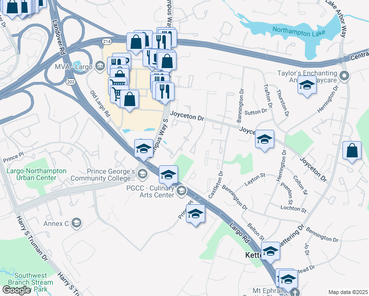map of restaurants, bars, coffee shops, grocery stores, and more near 10449 Campus Way South in Upper Marlboro