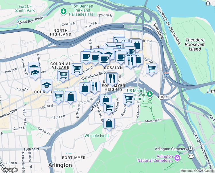 map of restaurants, bars, coffee shops, grocery stores, and more near 1531 North Pierce Street in Arlington