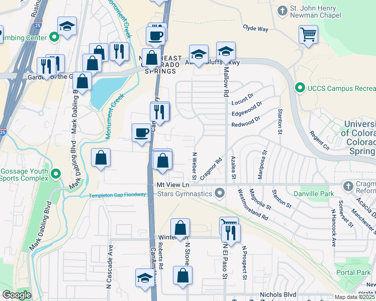 map of restaurants, bars, coffee shops, grocery stores, and more near 4010 North Weber Street in Colorado Springs