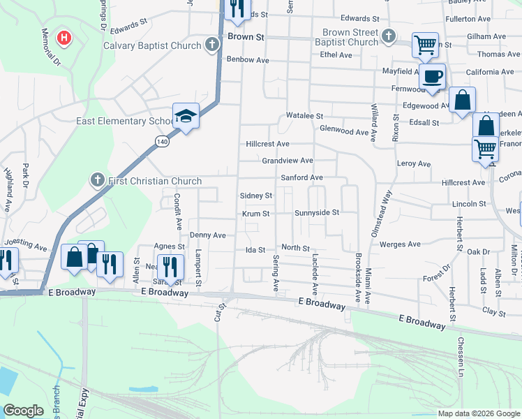 map of restaurants, bars, coffee shops, grocery stores, and more near 2624 Krum Street in Alton